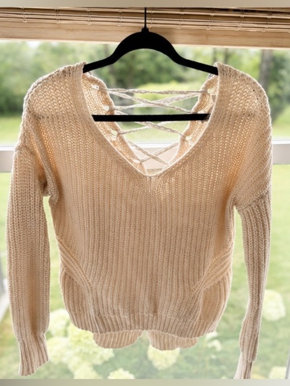 American Rag Cie Cream Open Knit Lace-Up Back Sweater M Boho Y2K